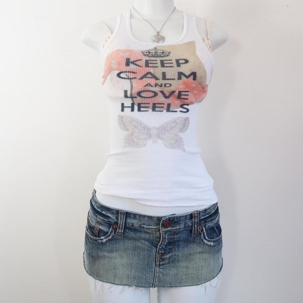 y2k keep calm love heels graphic ribbed tank top racerback cami - Picture 1 of 4